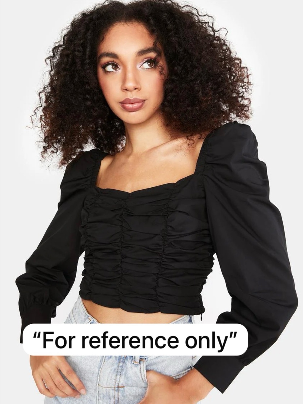H&M-Black Ruched Puff-Sleeve Crop Top